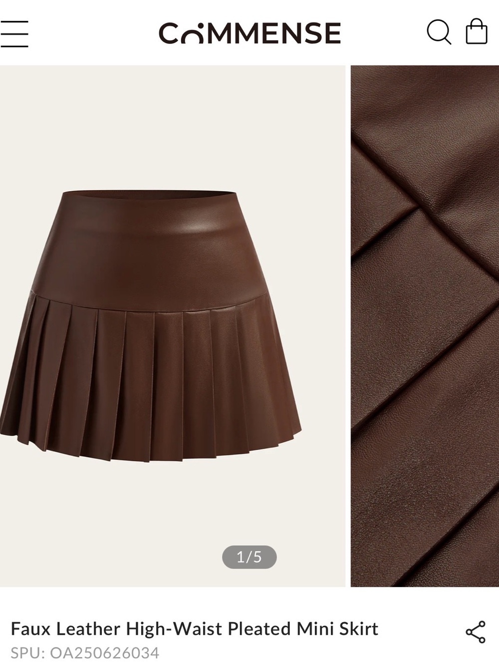 Commense Brown Faux Leather High-Waist Pleated Mini Skirt